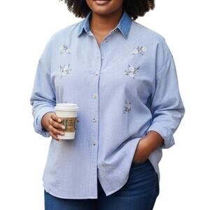 Vintage Pinstripe Floral Embroidered Button Down Shirt Womens Sz XL 80s Cottage